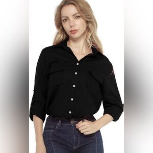 Matchstick Women's Elegant Black Button-Down Shirt. Linen/Cotton. EUC.